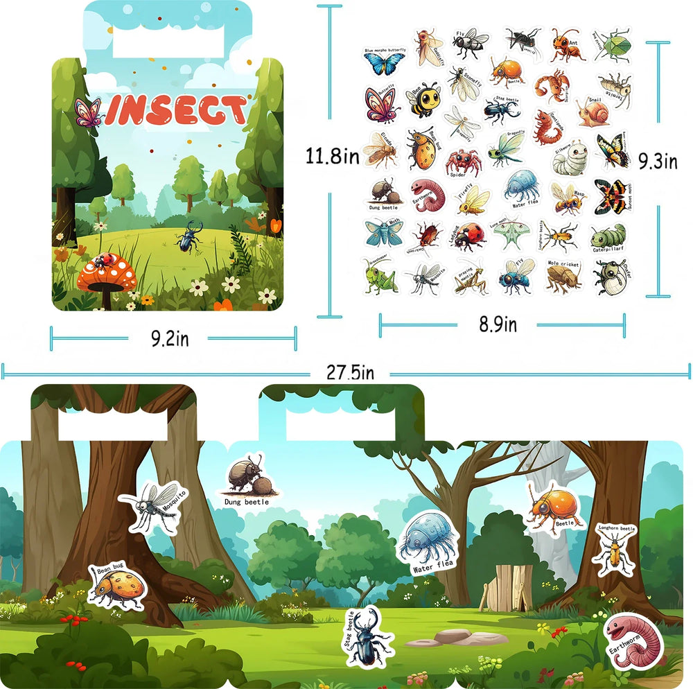 40PCS Insect Reusable Stickers Puzzle Game Cartoon Animal Learning Toys for Kids (Online Order Only)