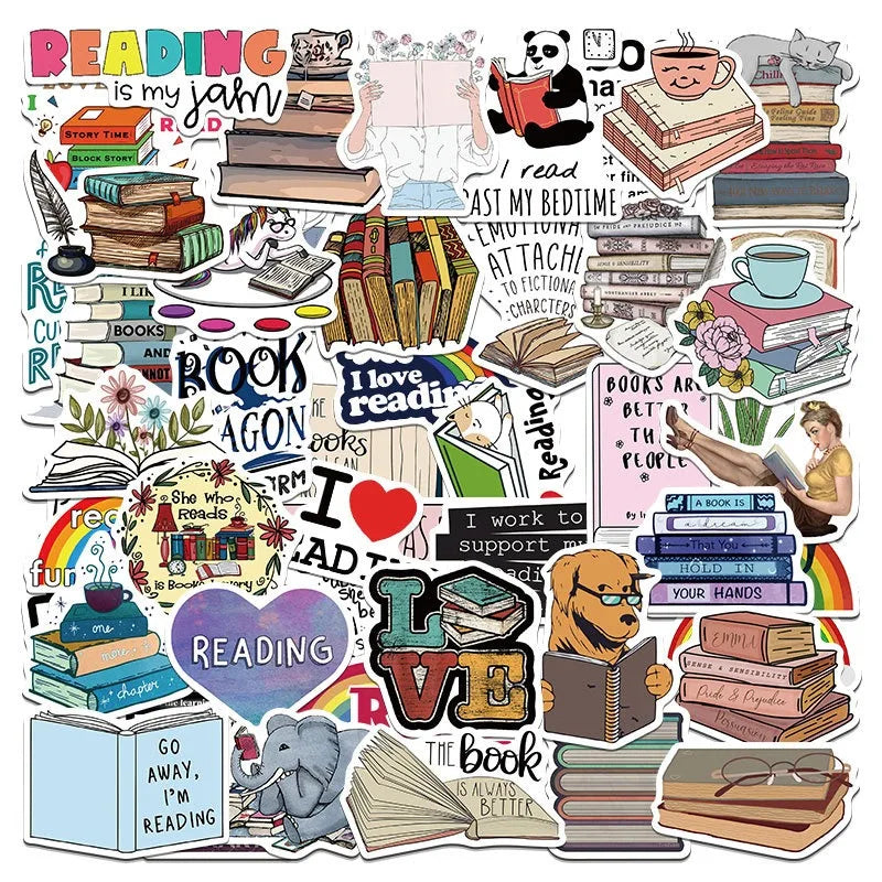 50pcs Cartoon Reading Stickers for Helmet, Wall, Desktop Decoration, DIY Pack Wholesale (ONLINE ORDER ONLY)