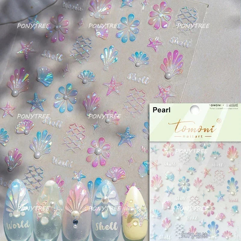 Hot Stamping Laser Shell Conch Starfish Pearl Whale Coral Dolphin Summer Beach Sea Wave Jellyfish Bubble Nail Art Stickers Decal (ONLINE ORDER ONLY)