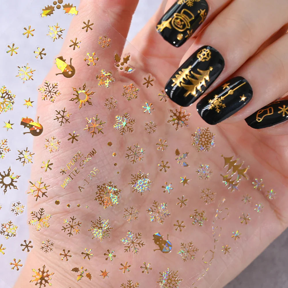1PCS Laser Gold Snowflake Christmas Tree Nail Sticker 3D Adhesive Nail Decals Nail Art Accessories New Christmas Decoration 2024 (ONLINE ORDER ONLY)