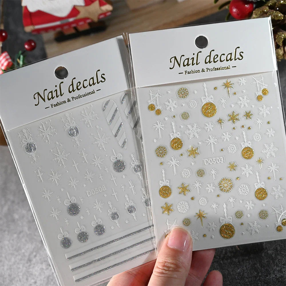 1pc Christmas Nail Sticker 3D Gold Glitter Snowflake Elk Penguin Bells Design Adhesive Nail Slider Decals Winter Manicure Decor* (Online Order Only)