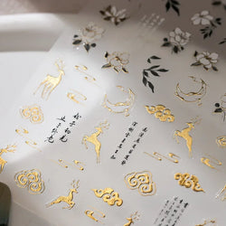 Chinese Style Gold Stamped God Deer Moon Auspicious Clouds Crane Lotus Flower 3D Self-adhesive Nail Art Stickers Manicure Decals (ONLINE ORDER ONLY)
