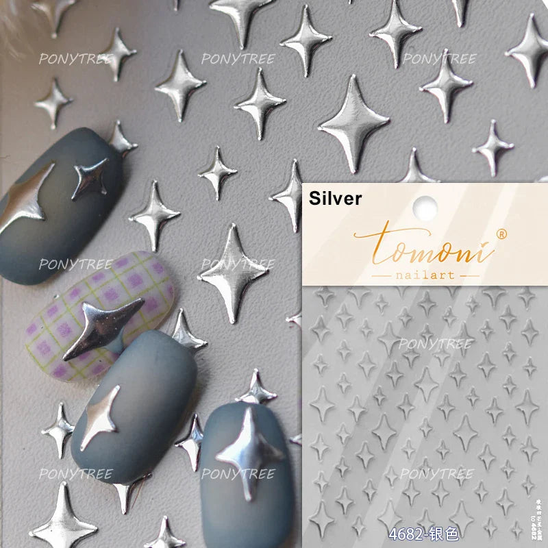 Punk Star Shiny Laser Five-pointed Star White Black Pink Hollow Out Delicate Sparkle Adhesive Nail Art Stickers Manicure Decals (ONLINE ORDER ONLY)