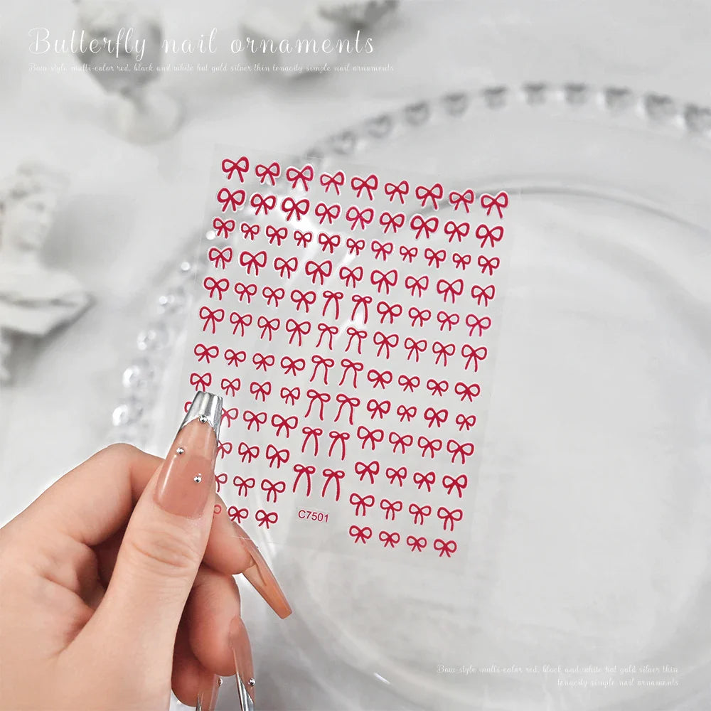6pcs/Set Lovely Line Bowknot Nail Sticker Gold Silver Black White Pink Red Bow Tie Mini Bowknot 3D Self Adhesive Manicure Decals (ONLINE ORDER ONLY)
