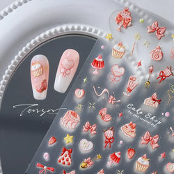 Chic Cute Cheese Ice Cream Pudding Bowknot Strawberry Muffin Stars Cake Embossed Heart Adhesive Nail Art Sticker Manicure Decals (ONLINE ORDER ONLY)