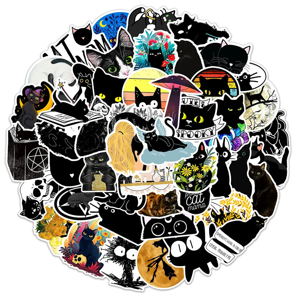 10/30/50/100PCS Cartoon Black Cat Stickers Scrapbook Phone Guitar Laptop Luggage PVC Waterproof Car Sticker Children Classic Toy (ONLINE ORDER ONLY)