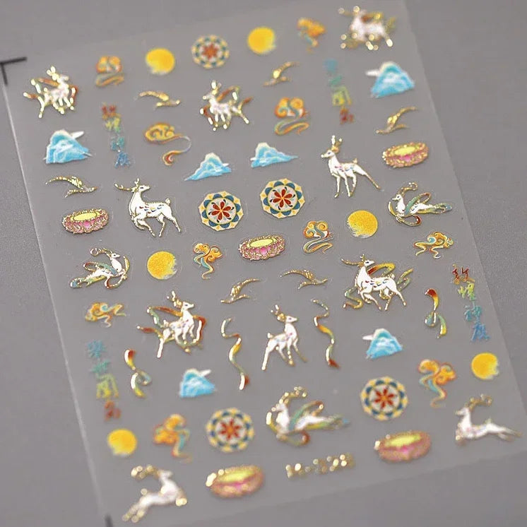 Chinese Style Gold Stamped God Deer Moon Auspicious Clouds Crane Lotus Flower 3D Self-adhesive Nail Art Stickers Manicure Decals (ONLINE ORDER ONLY)
