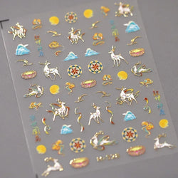 Chinese Style Gold Stamped God Deer Moon Auspicious Clouds Crane Lotus Flower 3D Self-adhesive Nail Art Stickers Manicure Decals (ONLINE ORDER ONLY)