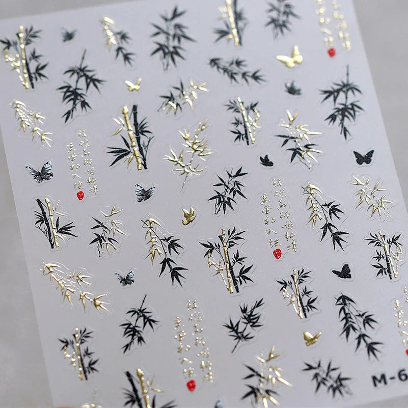 Antique Bamboo Leaf Hot Stamping Plant Botany Calligraphy Characters Self Adhesive Nail Art Stickers Rhinestone Manicure Decals (ONLINE ORDER ONLY)
