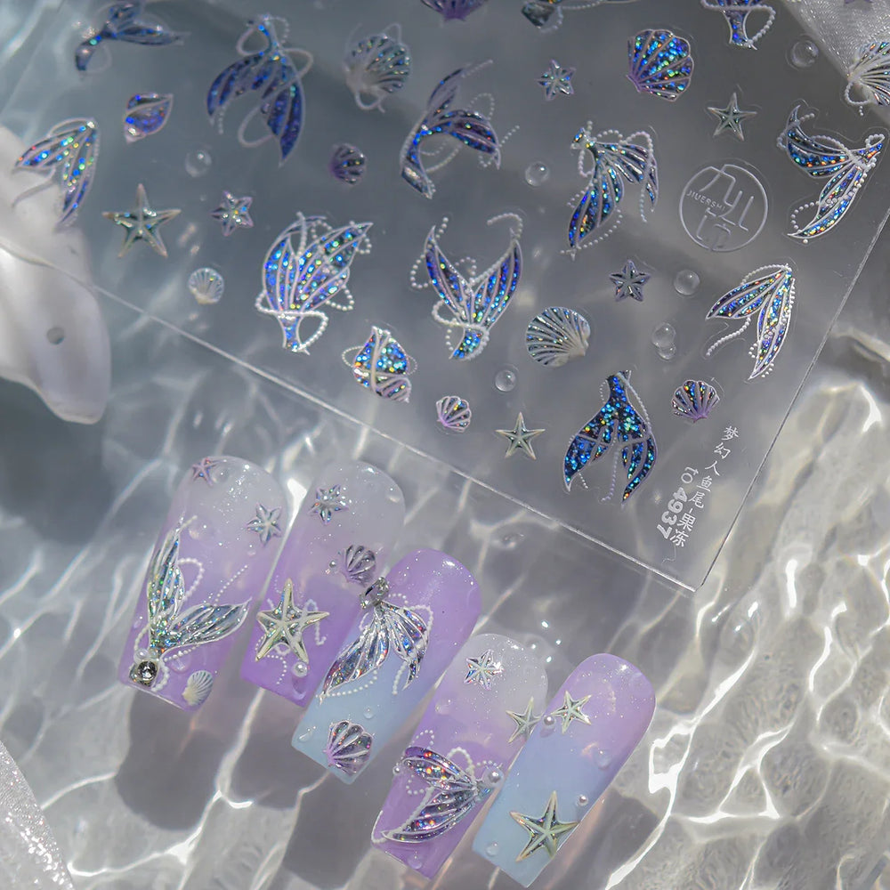 Jellyfish Schools of Fish Shoal Mermaid Tail Seahorse Dreamy Ocean Starfish Shell Coral Adhesive Nail Art Sticker Manicure Decal (ONLINE ORDER ONLY)