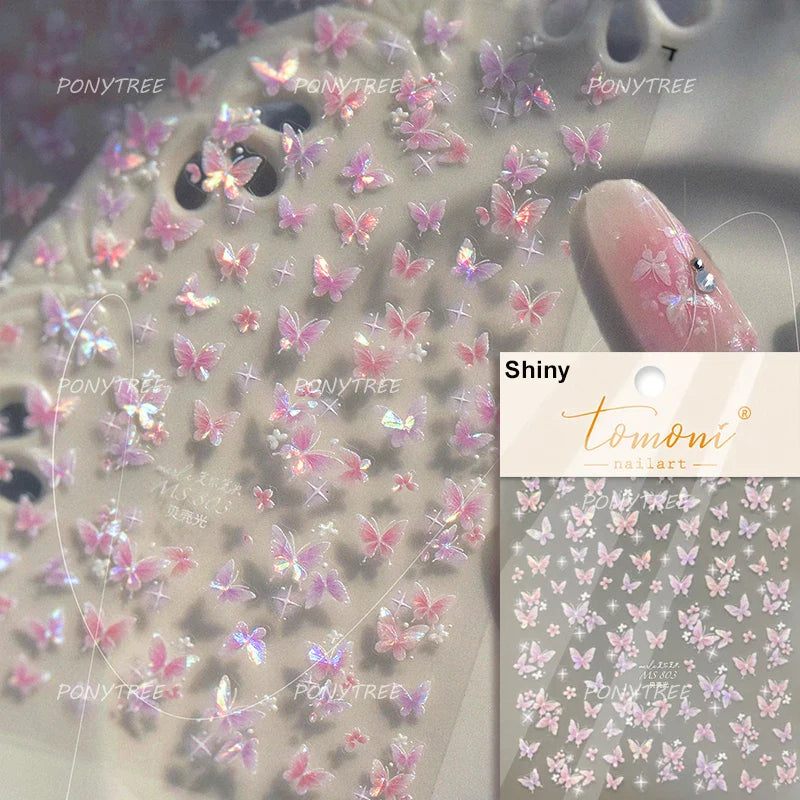 Shiny Butterfly White Pink Purple Romantic Animals Retro Photo Frame Chic Delicate Adhesive Nail Art Stickers 5D Manicure Decals (ONLINE ORDER ONLY)