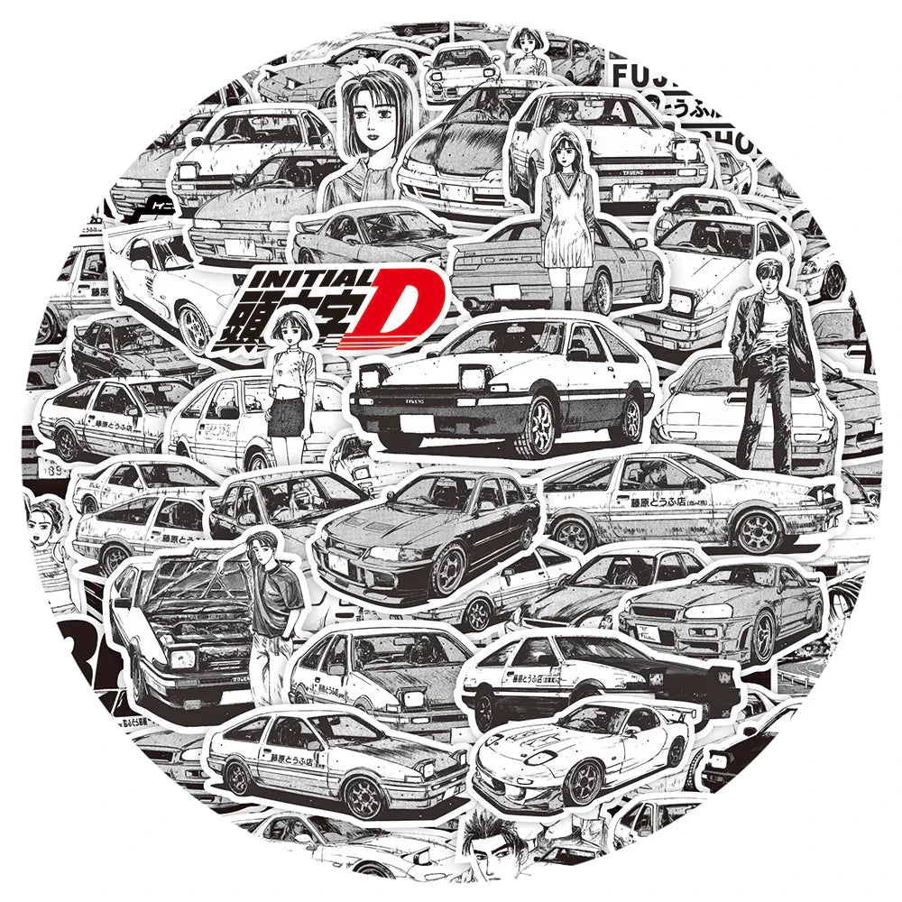 Anime Initial D Stickers Set - Black White Graffiti Decals for Wall, Notebook, Bike (Online Order Only)
