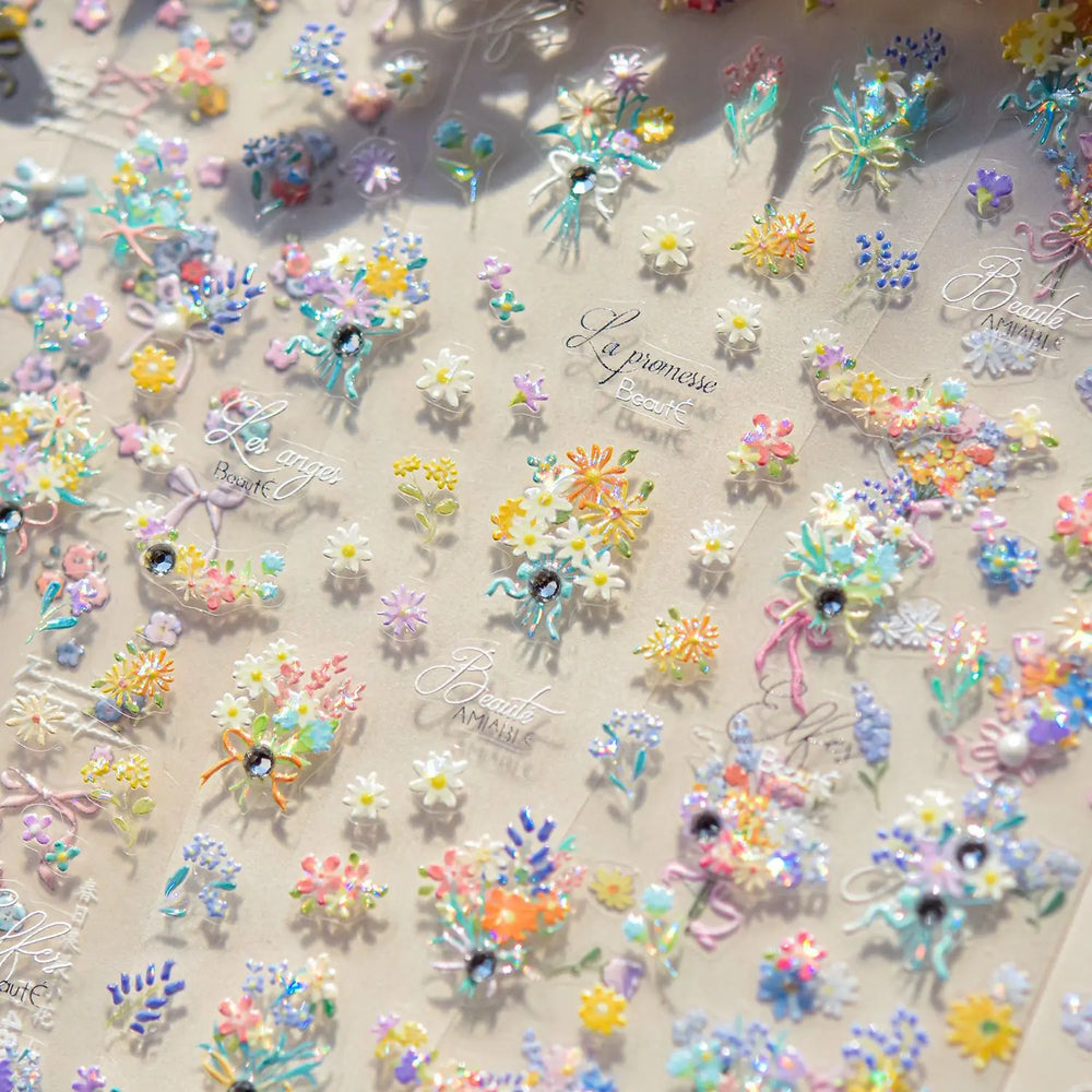Colourful Field Bouquet Flower Spring Field Violet Daisy Bowknot Butterfly 5D Relief Adhesive Nail Art Stickers Manicure Decals (ONLINE ORDER ONLY)