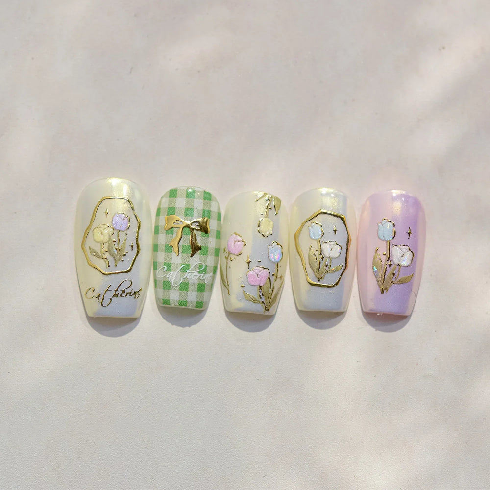 Golden Border Tulip Bloom Flower Bowknot Geometric Frame Metal Workmanship Charming Adhesive Nail Art Sticker Manicure Decals (ONLINE ORDER ONLY)