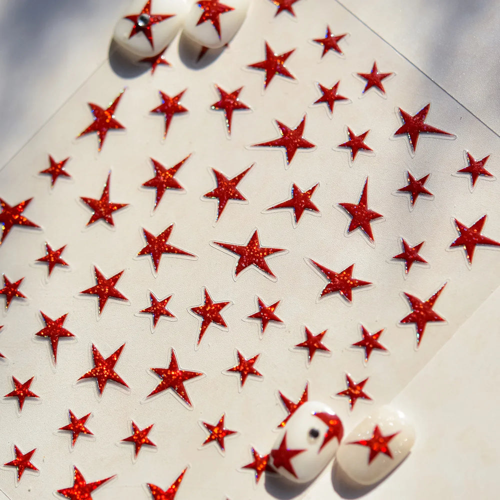 Irregular Stars Red Silver Five-pointed Star Meteor Shiny 5D Self Adhesive Nail Art Stickers Romantic Rhinestone Manicure Decals (ONLINE ORDER ONLY)