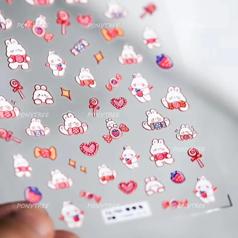 Cute Rabbit Fan Peach Blossom Teacup Lollipop Strawberry Star Cherry Hat Soft Embossed Adhesive Nail Art Stickers Manicure Decal (ONLINE ORDER ONLY)