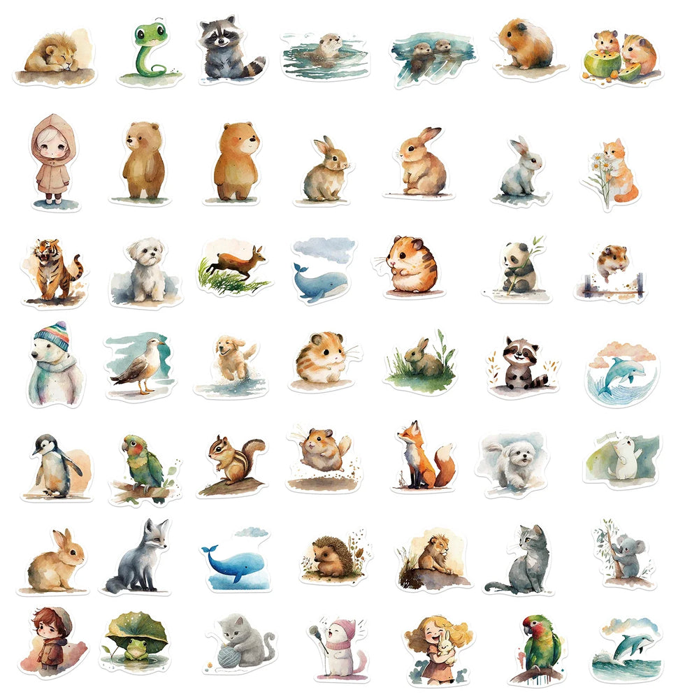 50Pcs Watercolor Animal Illustration Stickers DIY Suitcase Skateboard Laptop Luggage Fridge Phone Car Graffiti Sticker (Online Order Only)