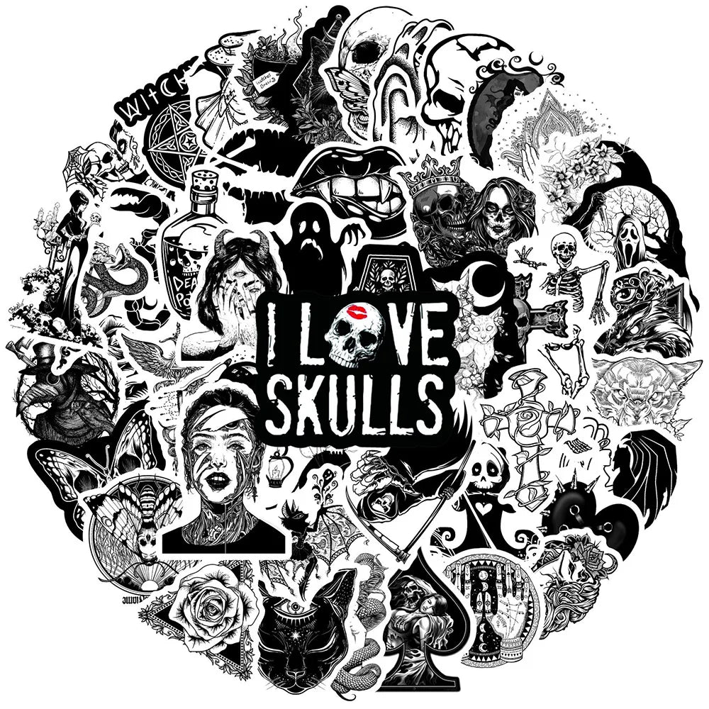 10/30/50/100pcs Black White Gothic Horror Skeleton Graffiti Stickers Skateboard Phone Fridge Luggage Car Cool Waterproof Sticker (ONLINE ORDER ONLY)