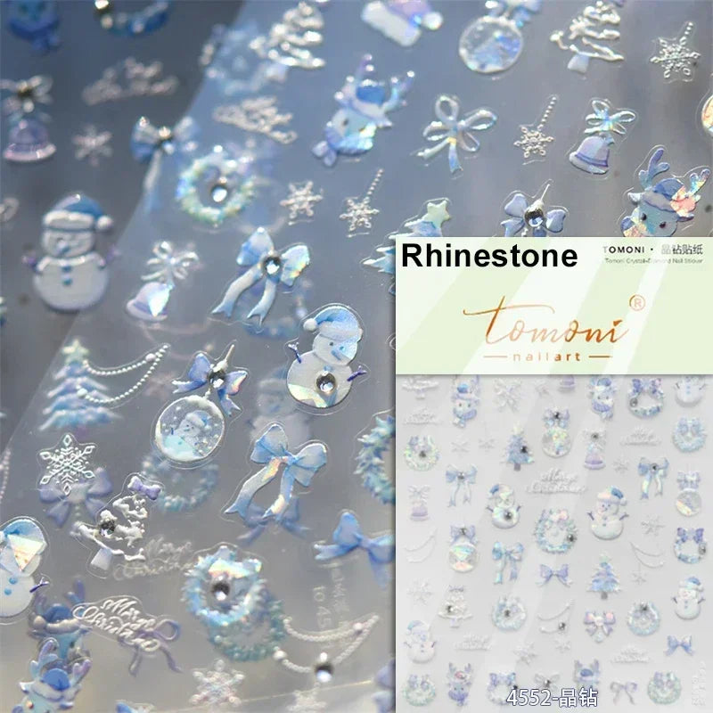 Dressy Embossment Colorful Gradient Snowflakes Laser Silver Christmas Tree Winter Bowknot Santa Nail Art Stickers Manicure Decal (Online Order Only)