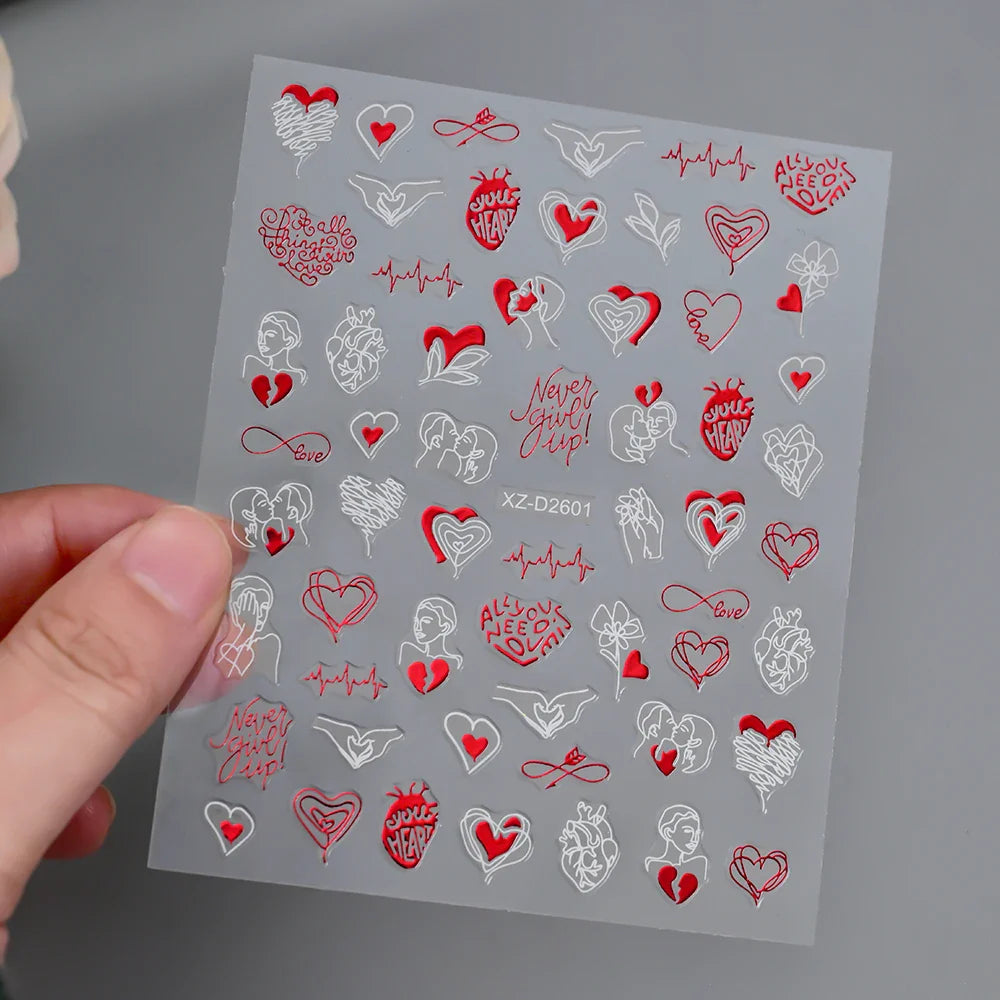 1PC Holographic Laser Heart Nail Stickers-3D Self-Adhesive Golden White Valentines Day Nail Decals For Women Nail Art Decoration (ONLINE ORDER ONLY)