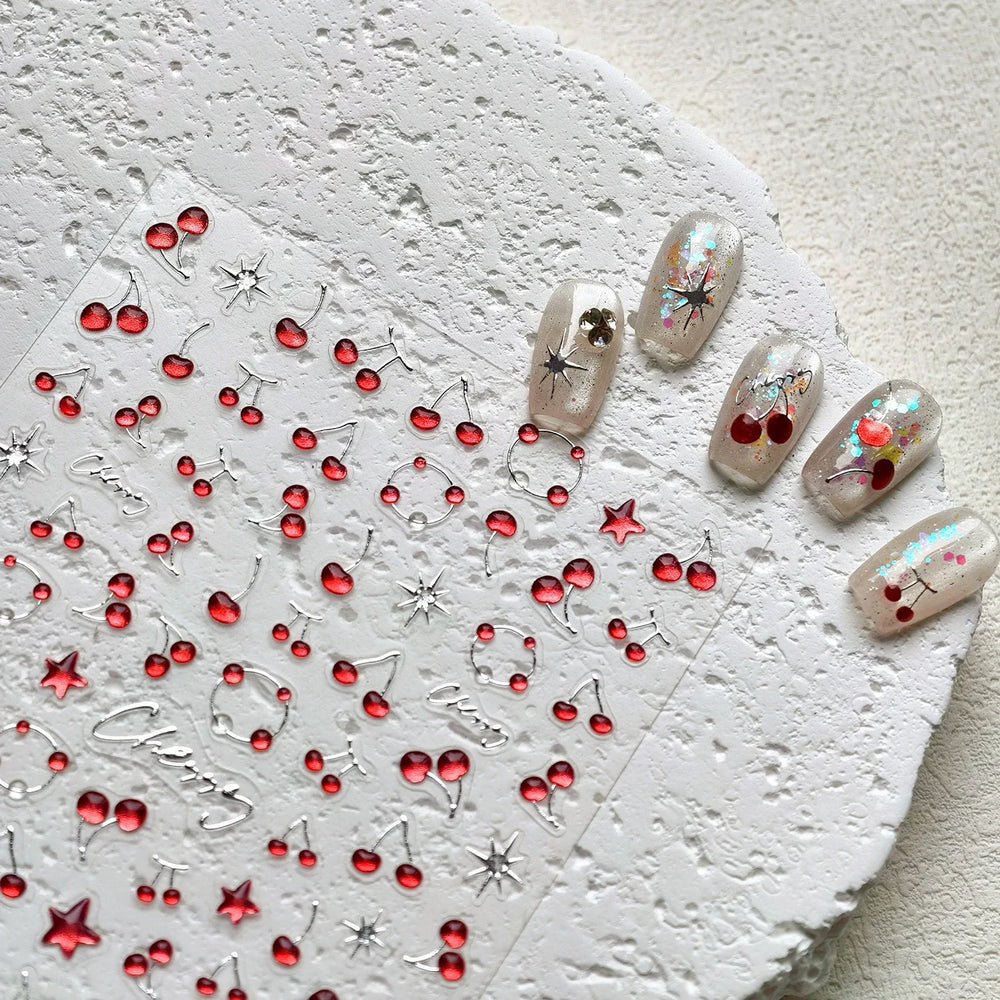 Lovely Mini Red Cherry Jelly Star Sun Fruit Charming Silver 3D 5D Self Adhesive Nail Art Stickers Cute Manicure Decals Wholesale (ONLINE ORDER ONLY)