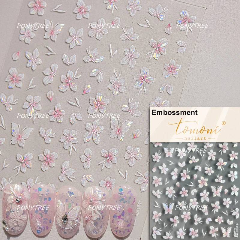 Trumpet Creeper White Flower Purple Leaves Antique Special Characters 5D Soft Relief Adhesive Nail Art Stickers Manicure Decals (ONLINE ORDER ONLY)