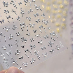 Simple Line Bowknot Red Gold Silver Laser Pink Hot Stamping 3D Self Adhesive Nail Art Stickers Pearl Rhinestone Manicure Decals (ONLINE ORDER ONLY)