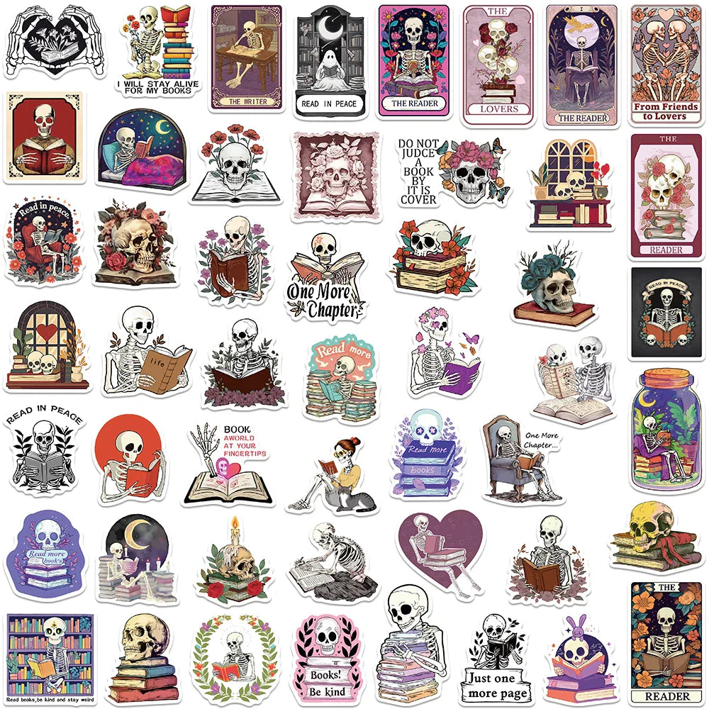 50/100pcs Cartoon Aesthetic Skull Book Death Reader Stickers Waterproof Graffiti For Luggage Guitar Laptop Phone Vinyl Decals (Online Order Only)