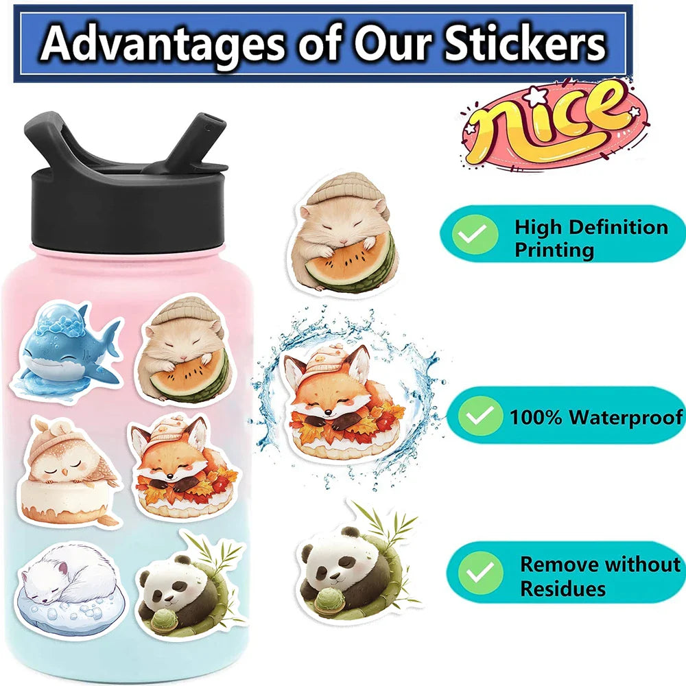 50pcs Sleeping Animals Cartoon Stickers Perfect for Scrapbooking Diaries Laptops Bumpers Water Bottles Computers Phones Sticker (Online Order Only)