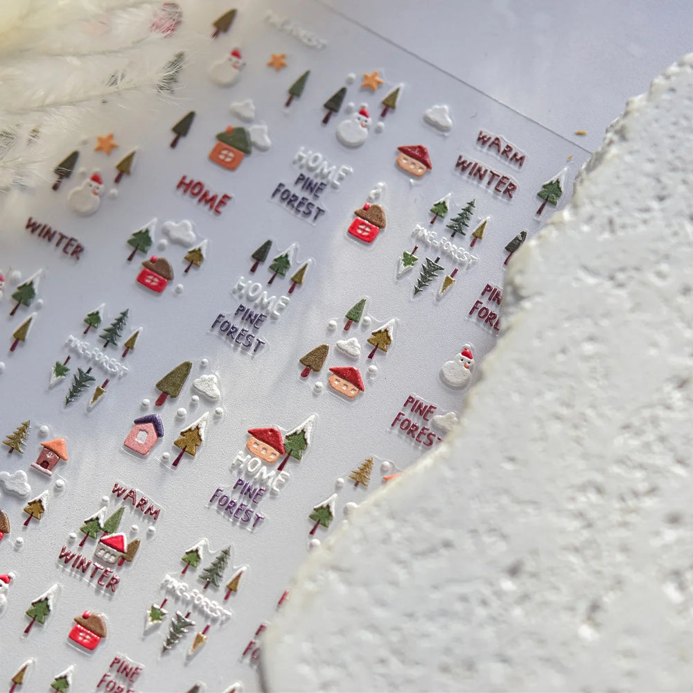 Snowman Tree House Cedar White Pine Forest Warm Winter Cloud Self Adhesive Nail Art Stickers Snowflake Star Snow Manicure Decals (ONLINE ORDER ONLY)