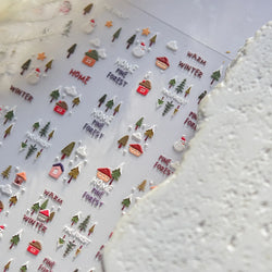 Snowman Tree House Cedar White Pine Forest Warm Winter Cloud Self Adhesive Nail Art Stickers Snowflake Star Snow Manicure Decals (ONLINE ORDER ONLY)