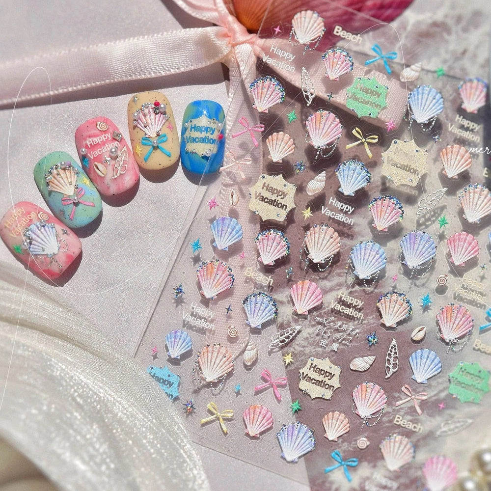 Hot Stamping Laser Shell Conch Starfish Pearl Whale Coral Dolphin Summer Beach Sea Wave Jellyfish Bubble Nail Art Stickers Decal (ONLINE ORDER ONLY)