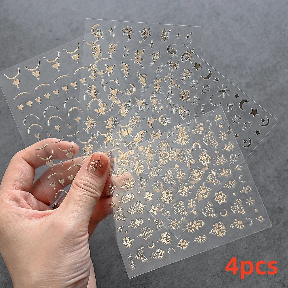 4pcs/Set Elf/Fairy Jelly Gold Nail Art Sticker Sun/Moon/Star Geometric Embossed Reliefs Self Adhesive Nail Decal Manicure Design (Online Order Only)