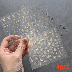 4pcs/Set Elf/Fairy Jelly Gold Nail Art Sticker Sun/Moon/Star Geometric Embossed Reliefs Self Adhesive Nail Decal Manicure Design (Online Order Only)