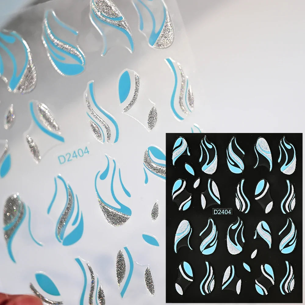 6pcs/Set Blue Gold Glitter French Design 5D Nail Stickers Curve Lines Swirls Wave Nail Sliders Reflective Flakes Decals Manicure (ONLINE ORDER ONLY)