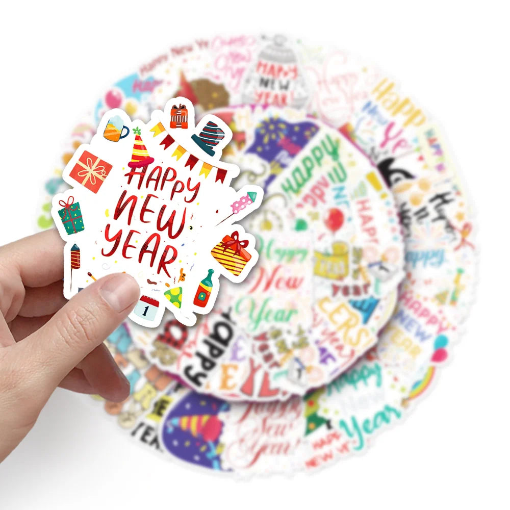 50PCS Cute Happy New Year Stickers DIY Scrapbook Diary Stationery Luggage Decorative Cartoon Sticker Kids Toys (Online Order Only)