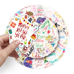 50PCS Cute Happy New Year Stickers DIY Scrapbook Diary Stationery Luggage Decorative Cartoon Sticker Kids Toys (Online Order Only)