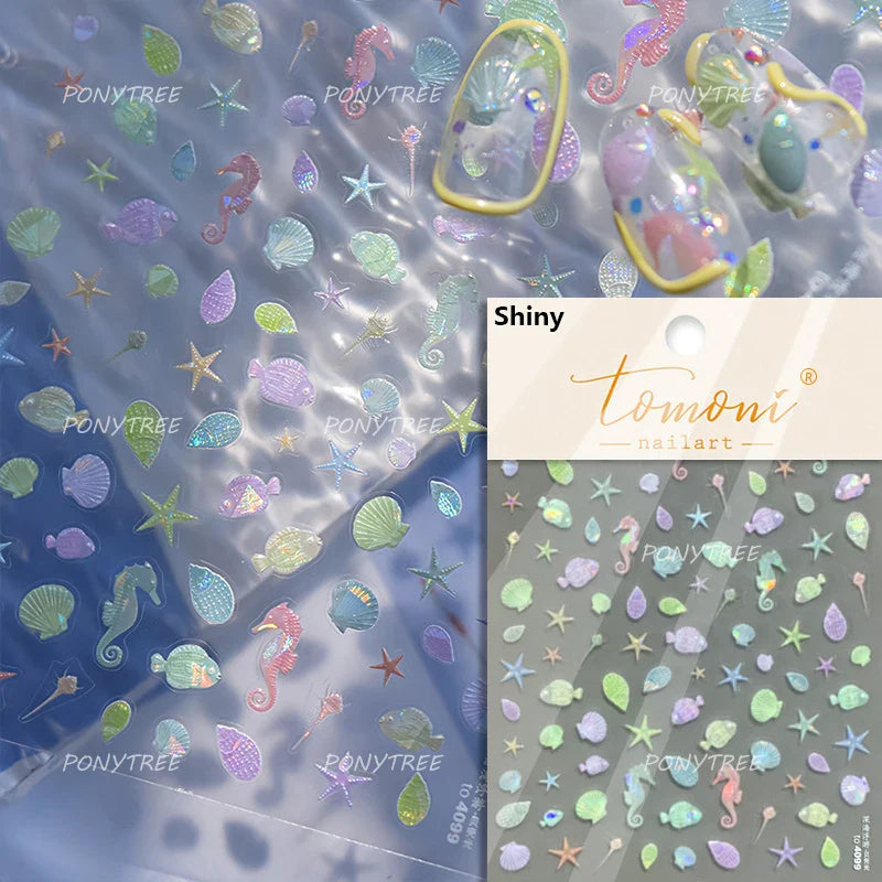 Mermaid Girl Conch Starfish Shell Bowknot Fish Scale Purple Ribbon Water Bubbles Chic Adhesive Nail Art Sticker Manicure Decals (ONLINE ORDER ONLY)