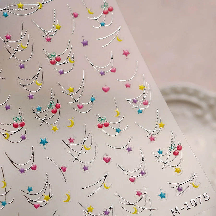 Chic Colourful Star Moon Curved Line Arc Necklace Love Heart Hanging in The Air Cherry Adhesive Nail Art Stickers Manicure Decal (Online Order Only)