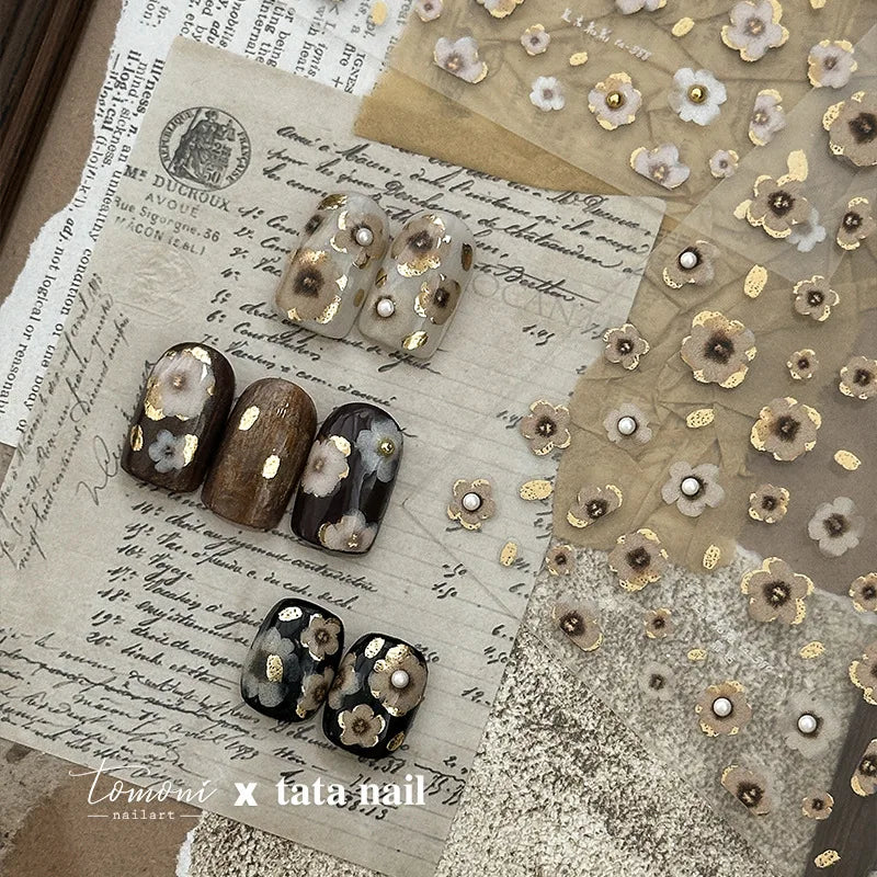 Retro Flowers Petal Pearl Rhinestones Halo Dyeing Chic Daisy Vintage Gold Foil  Floral Designs Nail Art Stickers Manicure Decals (ONLINE ORDER ONLY)