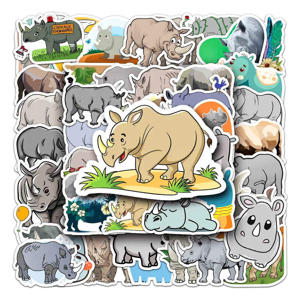 10/50pcs/Pack Lovely Rhino Cartoon Animal Stickers Waterproof Skateboard Motorcycle Guitar Luggage Laptop Bicycle Sticker Toys (ONLINE ORDER ONLY)