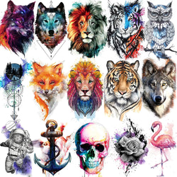 15 Sheets Watercolor Animals Temporary Tattoos For Women Men Adults Arm Neck, 3D Waterproof Fake Lion Wolf Tiger Tattoo Sticker (Online Order Only)