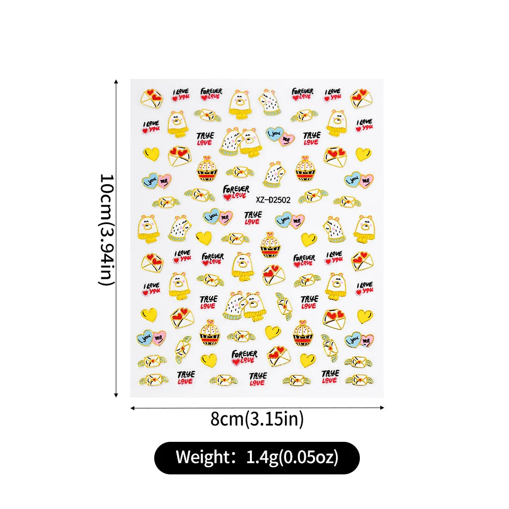 12Pcs 3D Golden Red Glitter Heart Love Nail Sticker Valentine Self Adhesive Cartoon Decal Geometry Lines Stripe Slider Manicure* (ONLINE ORDER ONLY)