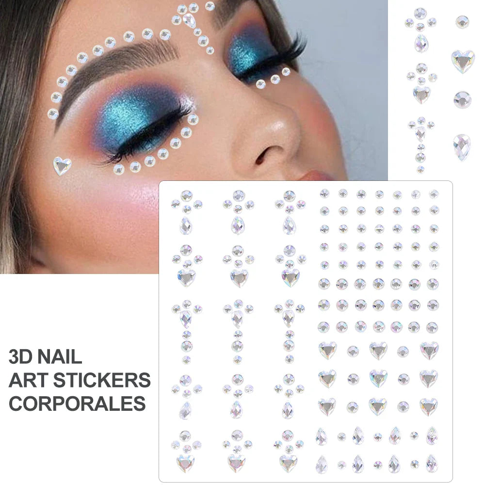 5Pcs Coloful Glitter Face Jewelry Sticker Crystal Eye Body Face Jewels Bady Makeup Tools Temporary Self-Adhesive Nail Rhinestone (ONLINE ORDER ONLY)