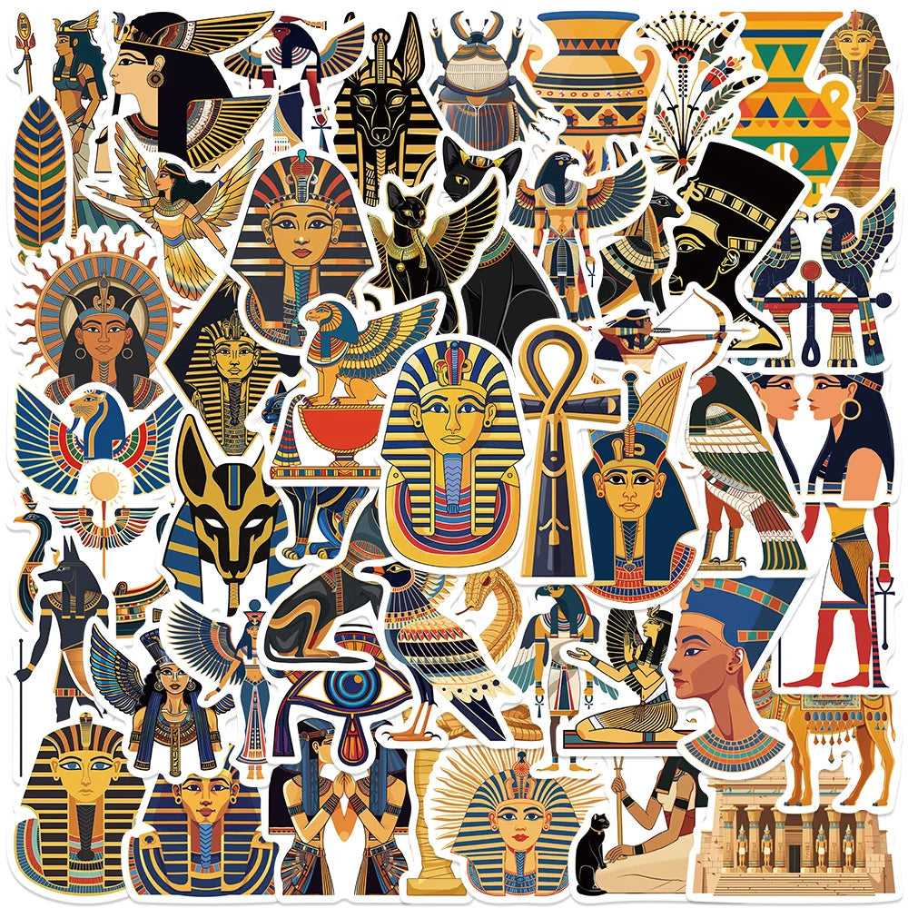 50pcs Retro Aesthetic Ancient Egypt Mythology Pharaoh Stickers For Laptop Water Bottle Luggage Notebook Waterproof Vinyl Decals (Online Order Only)