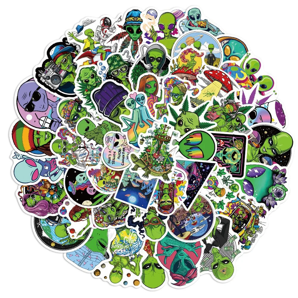 50pcs Psychedelic Alien Weed Characteristics Stickers Laptop Car Bike Travel Luggage Fridge Vinyl Decal Waterproof Sticker Toy (ONLINE ORDER ONLY)