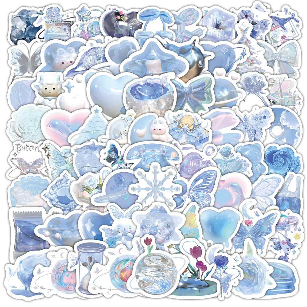 Blue Pearlescent Silver Stickers: 10/30/50/103PCS for Snowboard, Laptop, Luggage, Cartoon Graffiti Decals (Online Order Only)