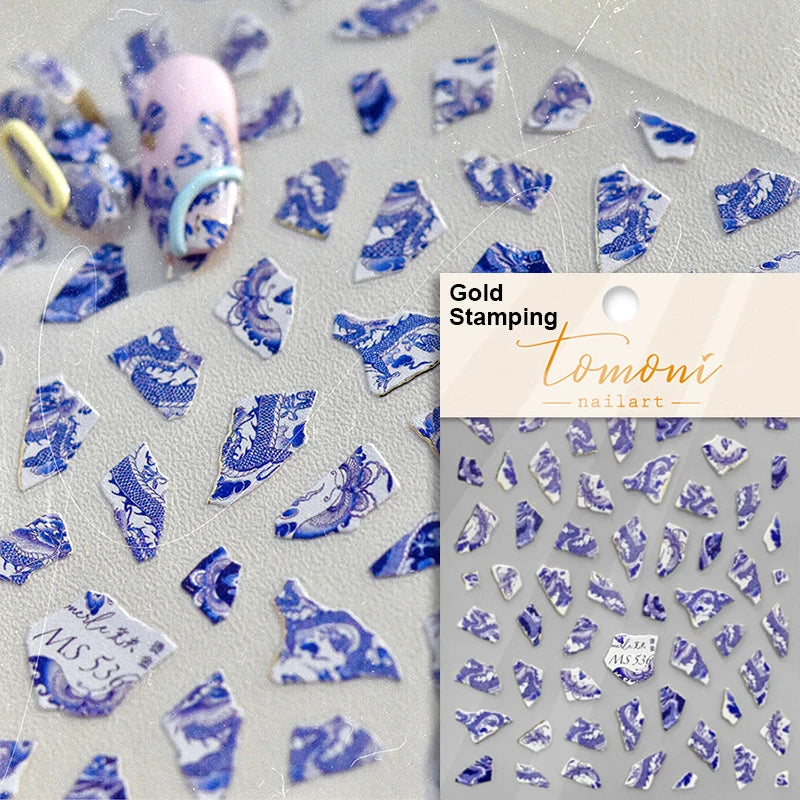 Retro Embroidered Dragon Red Pink Blue White Porcelain Chinese 3D Embossed Relief Self Adhesive Nail Art Stickers Manicure Decal (ONLINE ORDER ONLY)