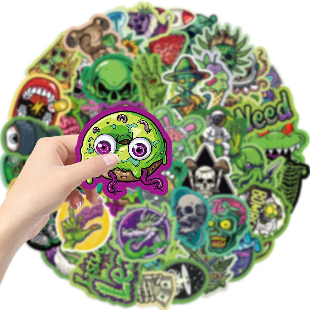 50pcs Green Skull Graffiti Stickers Flower Waterproof DIY For Water Bottle Laptop Phone Skateboard For Adults Teens Sticker﻿ (ONLINE ORDER ONLY)