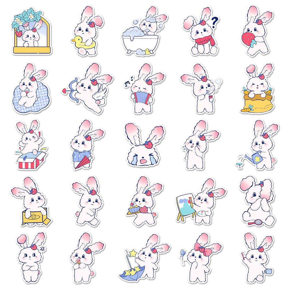10/30/50PCS Strawberry Bunny Stickers Cute Animal Decals DIY Scrapbook Fridge Luggage Laptop Phone Guitar Bike Cartoon Sticker (Online Order Only)
